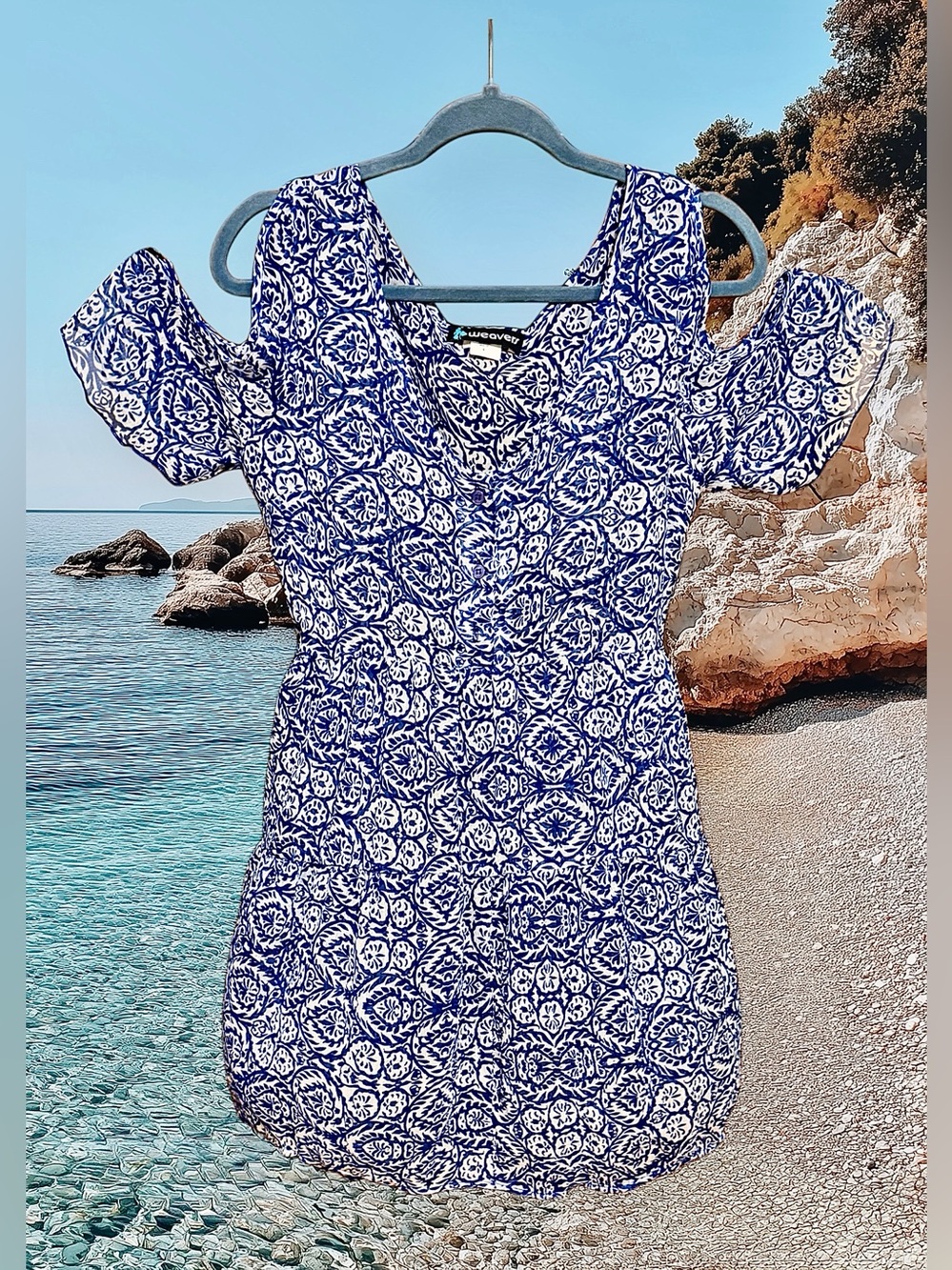 Weavers Navy and White Cold-Shoulder Beach Tunic Coverup size Large